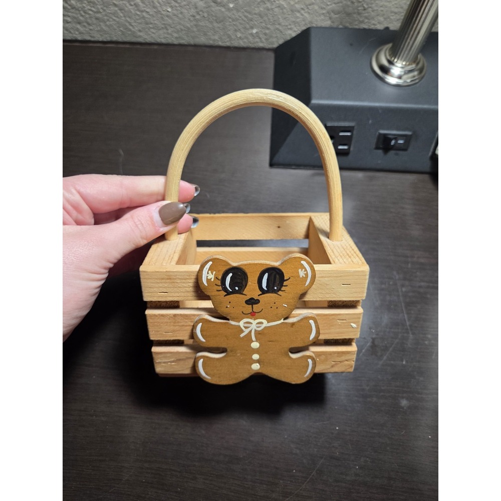 Vintage, Small Decorative Teddy Bear Wooden, Hand Painted Basket